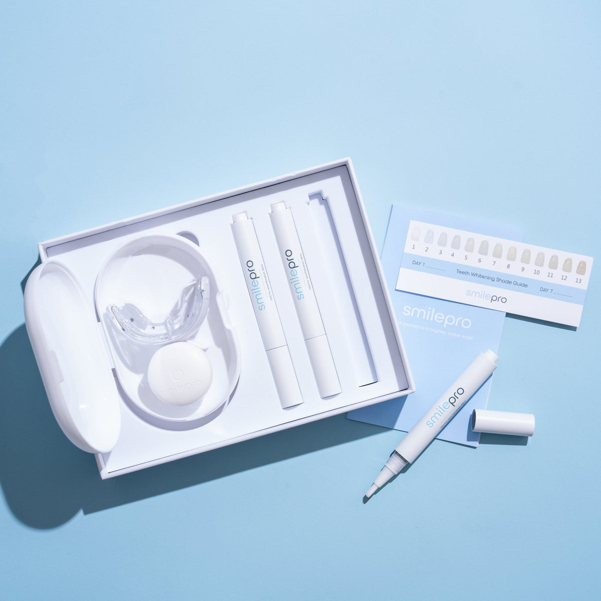 Contents of the SmilePro Advanced Teeth Whitening Kit: LED light and mouthpiece in the case, whitening pens and shade guide